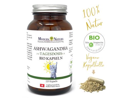 BIO Ashwagandha (1x 120 Kapseln im Glas) Vegan & Glutenfrei - Mit reinem Bio Ashwagandha Pulver - Reinstoffprodukt